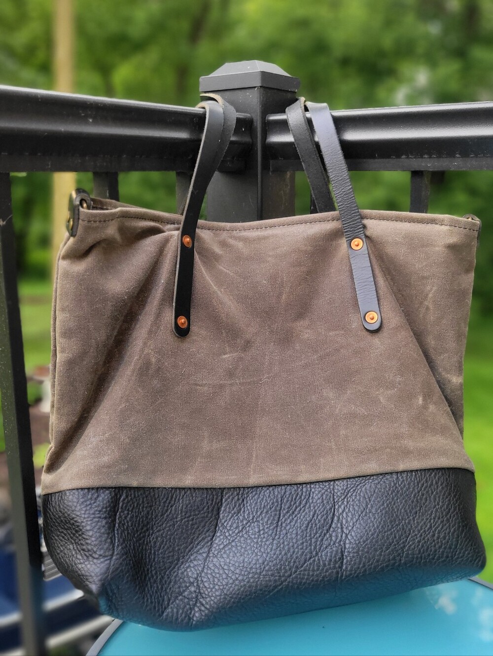 GFG Go Forth Goods Large Canvas and Leather Tote Bag in Mod and Black Cow.
